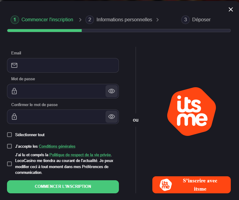 Formulaire d'inscription sur Loco Casino